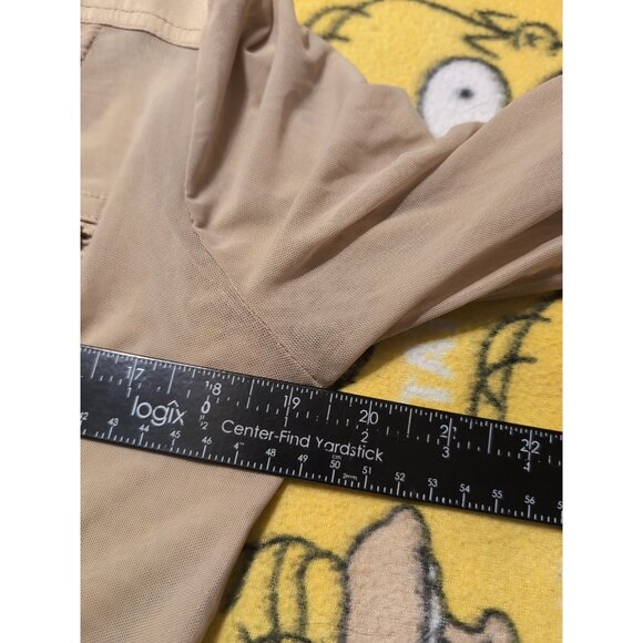 Bebe Tan Semi Sheer Henley Roll Tab Sleeve Blouse Size M Zip Pockets - Picture 6 of 7